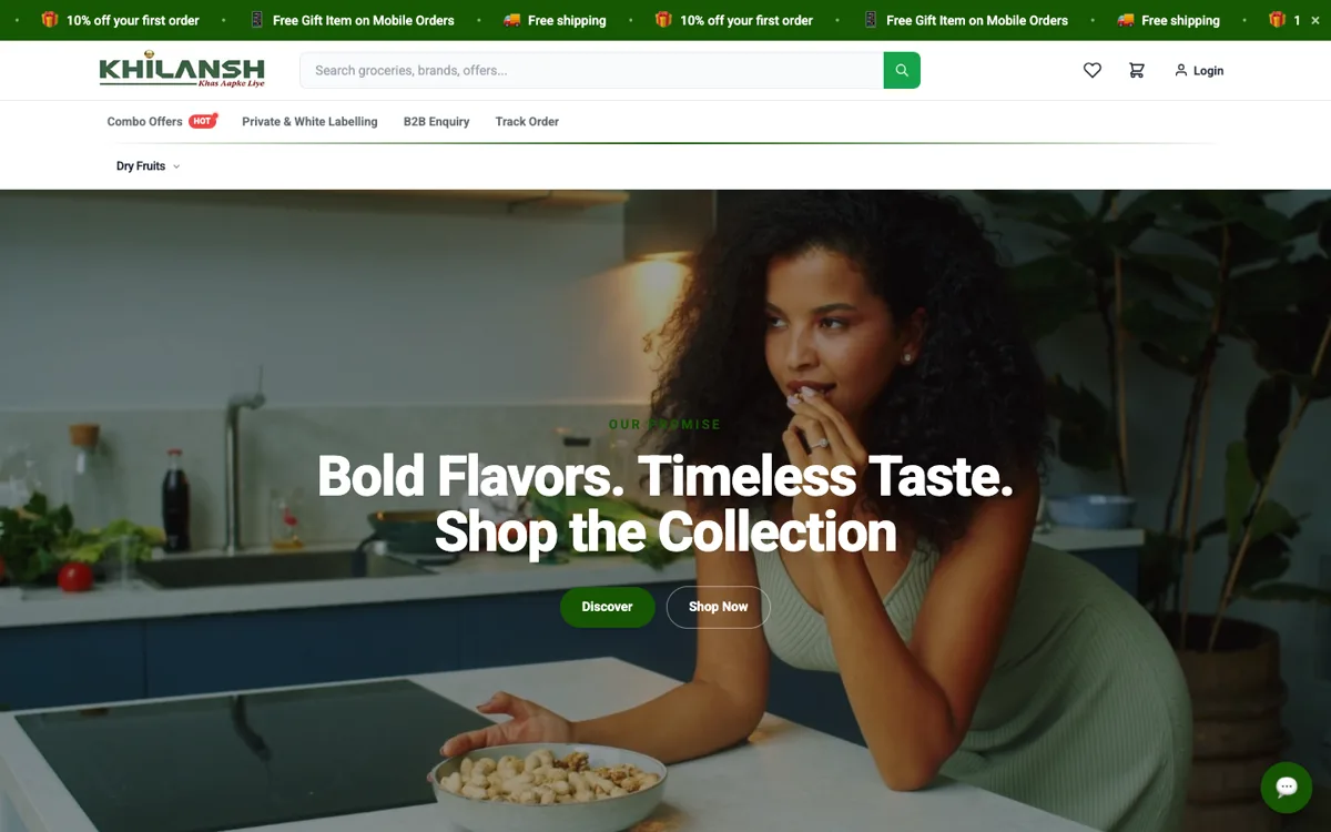 Khilansh Foods' website — dry fruits and gourmet grocery store